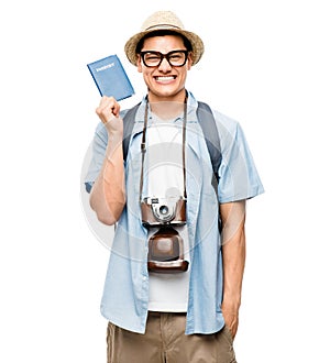 Portrait, tourist and excited man with passport in studio isolated on white background mockup. Glasses, travel document