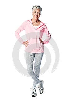 Portrait, training and a senior woman in studio isolated full body on a white background for marketing. Exercise, health