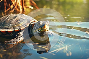 Portrait of turtle pokes it head out of water, closeup, Generated AI