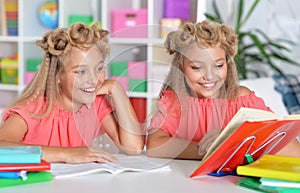 Portrait of two adorable twin sisters doing homework together