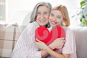 Portrait of two attractive cheerful persons sit on sofa hands hold hugging red paper heart postcard indoors