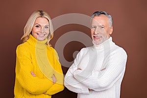 Portrait of two attractive content cheery grey-haired people folded arms warm pullover isolated over brown color