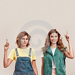 Portrait of two attractive young girls, twin sisters in casual wear looking at camera, pointing up