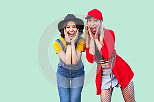 Portrait of two best friend beautiful amazing happy fashionable hipster girls standing and screaming with unbelievable face,