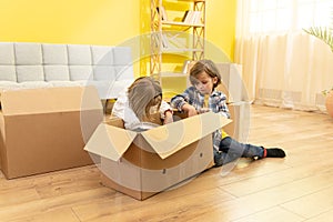 Portrait of two boys playing in cardboard boxes while family moving to new house, copy space