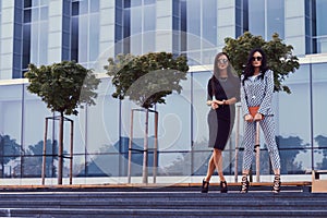 Portrait of two businesswomen dressed in a stylish formal clothes, standing on steps posing against a background of a