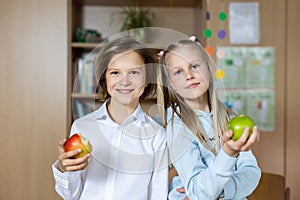 Portrait of two cute caucasian young blond little classmate friend kids eating apple in classroom at lunch time pause