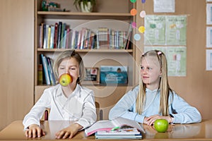 Portrait of two cute caucasian young blond little classmate friend kids eating apple in classroom at lunch time pause