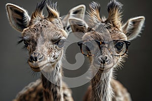 Portrait of two cute little giraffes wearing eyeglasses