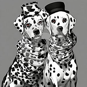 Portrait of two Dalmatian dogs in hats and scarves. Generative AI