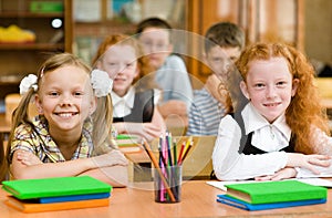 Portrait of two diligent girls looking at camera at workplace wi