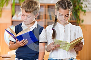 Portrait of two diligent pupil with books photo