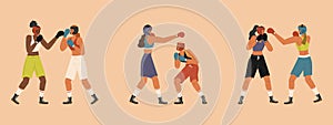 Portrait of two female professional boxers characters isolated vector illustration. Woman athletes in boxing gloves