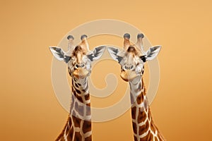 Portrait of two giraffes on a yellow background