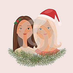 Portrait of two girls on Christmas. Vector illustration.