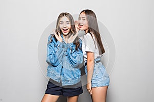 Portrait of a two girls gossip on gray background
