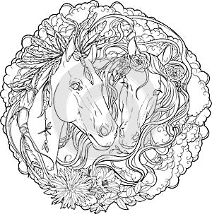 Portrait of two horses, male and stallion with flowers