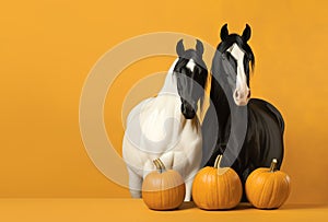 Portrait of two horses with pumpkins generated by AI