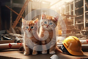 Portrait of a two kittens builder in a hard hat with a background of a building under construction