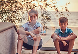 Portrait of two little brothers sitting together on a skateboard against the background of the seacoast at a sunset.