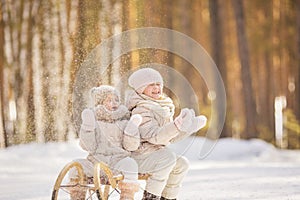 Portrait of two little girls sit on a sledge and play with snow in winter