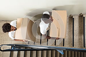 Portrait Of Two Movers Holding Cardboard Boxes