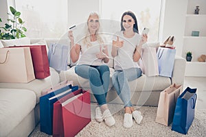 Portrait of two nice attractive lovely cheerful women shopper shopaholic sitting on sofa shopping online web app buying