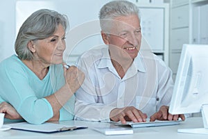 portrait of two old people working with a laptop in the office