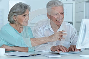 portrait of two old people working with a laptop in the office