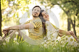 Portrait of two people in love. Spring season.