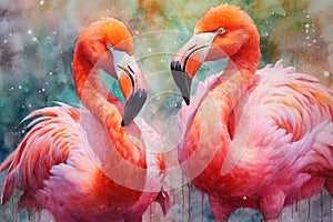 Portrait of two pink flamingo in watercolor Generative AI