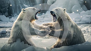 portrait of two polar bears fighting in water on ice showing teeth