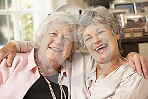 Portrait Of Two Retired Senior Female Friends Sitting On Sofa