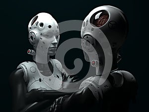 portrait of two robotic women looking at each other.