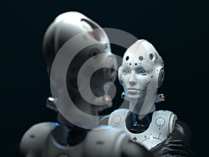 Portrait of two robotic women looking at each other.