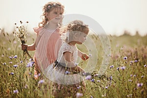 Portrait of two sisters with bouquets of wildflowers. On a warm day, two girls in dresses. Cheerful little daughters are having