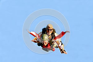 Portrait of two skydivers in action