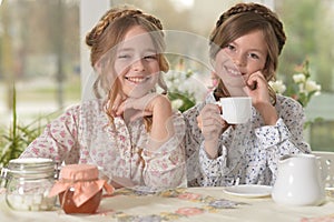 Portrait of two smiling little girls drinking tea at home