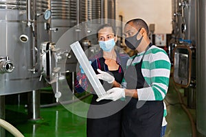 Two winemakers checking winemaking process at factory