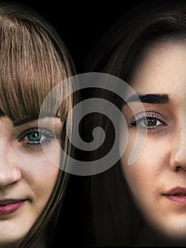 Portrait of a two young beautiful sensual girls on black backgro