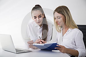 Portrait of two young businesswomen at a table