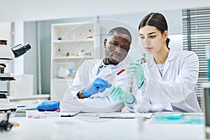 Two young technicians working with samples in laboratory