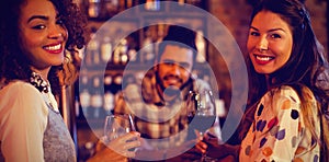 Portrait of two young women having red wine at counter