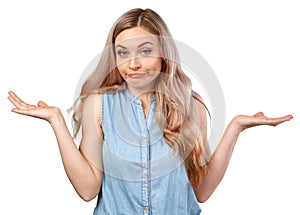 Portrait of uncertain young woman with blonde hair standing with raised arms isolated on white