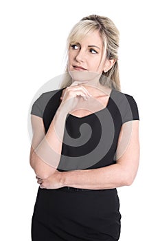 Portrait of unhappy pensive isolated blond mature woman in black