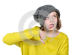 Portrait of unhappy teenage girl showing gesture
