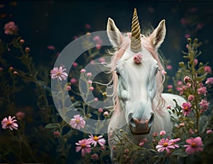 portrait of Unicorn with pink mane around pink flowers. Digital artwork. Ai generated