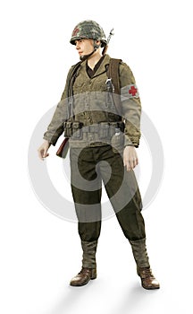 Portrait of a uniformed male world war 2 combat medic on an isolated white background. photo