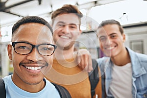 Portrait, university selfie and students friends in group smile, social media post on academy campus. College, school