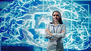 Portrait of upbeat employee working with AI machine learning algorithms